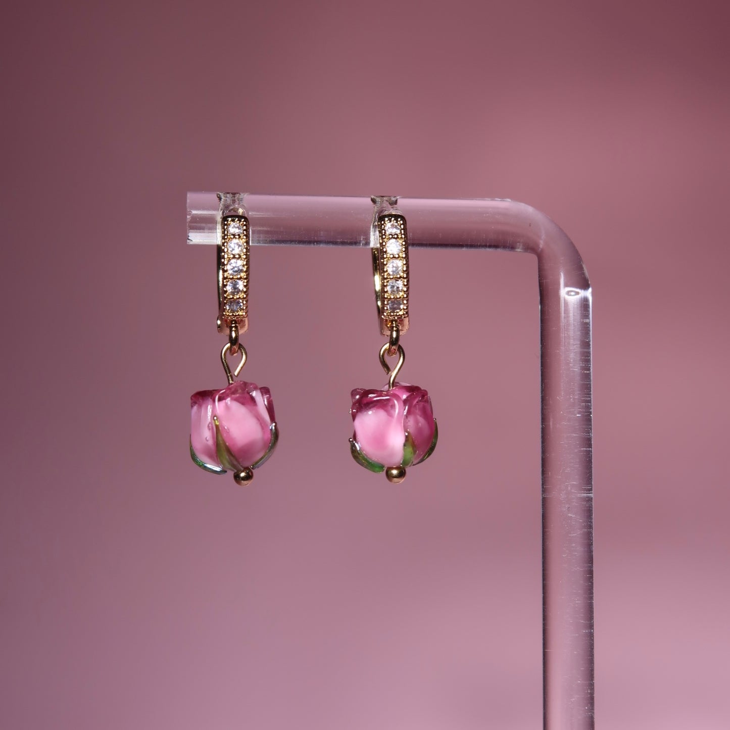 Pink Glass Rose Earrings
