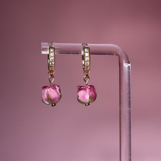 Pink Glass Rose Earrings